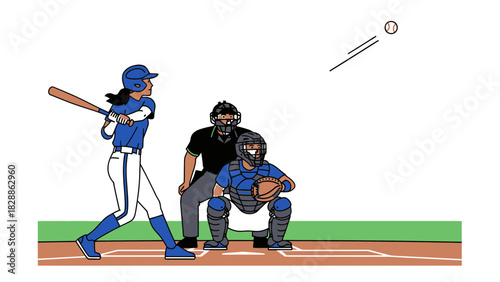 Dynamic softball game action with batter hitting ball, catcher ready, and umpire overseeing the play in vibrant colors, perfect for sports illustrations