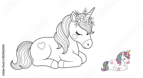 A cute cartoon unicorn, adorned with a floral wreath on its horn, lies peacefully, ready for coloring or as a sweet graphic.