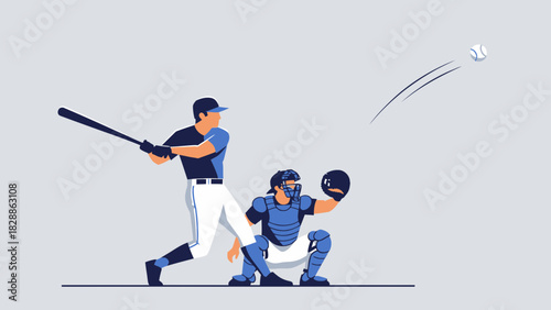 Dynamic baseball action showing batter swinging and catcher ready, a classic sports scene with energy and focus on teamwork, originally a vector graphic
