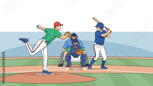Dynamic baseball game scene with pitcher throwing, batter ready, and catcher in position, perfect for sports illustrations and team designs
