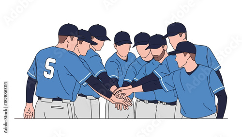 Baseball team uniting hands in a powerful display of teamwork and sportsmanship, symbolizing victory, success, and collaboration for a winning strategy