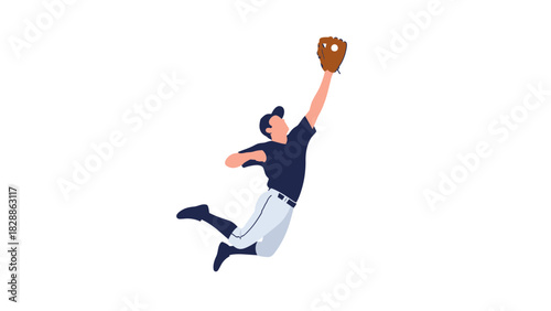 Dynamic baseball player leaping to catch ball with mitt, showcasing athletic skill and sportsmanship, great for team logos and sports promotions