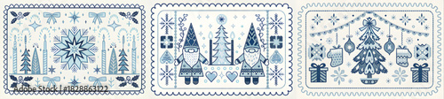 Three christmas themed panels with snowflakes gnomes trees and gifts in blue and white colorscheme