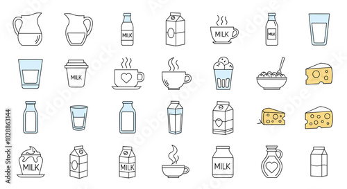 Collection of outline icons depicting various milk and dairy products like jugs, bottles, cartons, hot beverages, and cheese.