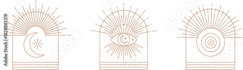 Mystical celestial sun, moon, and eye symbols. The esoteric icons representing spirituality, wisdom, and protection
