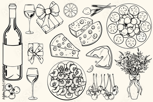 A charming sketch of wine cheese gifts and floral arrangements for celebration