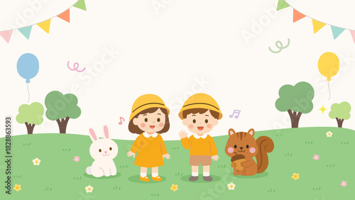 봄배경의 귀여운 어린이일러스트