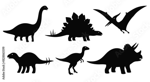 Collection of diverse prehistoric dinosaur silhouettes, including sauropods, stegosaurs, and flying reptiles, against a clean white background.