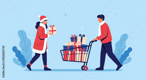 Joyful holiday shopping spree with Santa's helpers, bringing festive gifts and holiday cheer to everyone, perfect for Christmas promotions