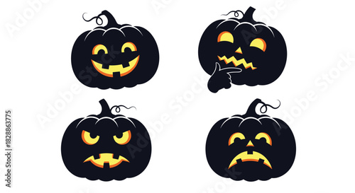 Diverse Halloween jack-o'-lanterns in black with glowing faces expressing happiness, thought, fury, and sadness, on a white background.