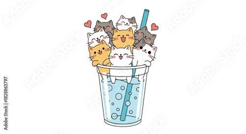 Adorable cartoon cats having fun in a refreshing drink, perfect for children's books and playful designs, conveys joy, and lightheartedness