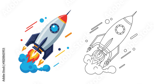 A colorful cartoon rocket blasts off, ascending with fiery exhaust and blue smoke, symbolizing start-up success, innovation, and future growth.