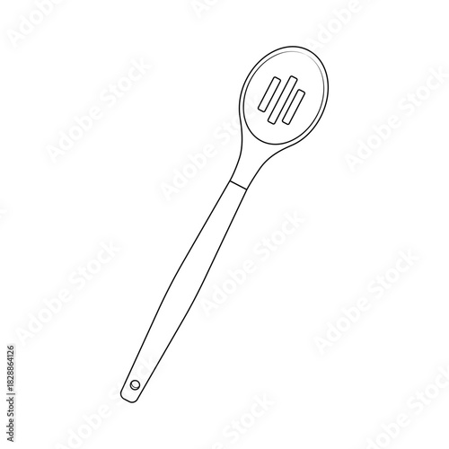 Minimalist line art of a slotted kitchen spoon. Clean black and white utensil illustration perfect for cooking blogs, recipe books, kitchen decor, and culinary design projects.
