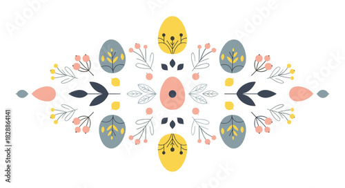 Symmetrical easter folk art composition with decorated eggs, leaves, and berries in a pastel color palette, creating a beautiful spring holiday ornament for festive design projects