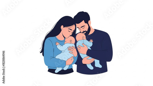 Adorable family portrait with loving parents embracing their newborn twins with gentle affection, perfect for heartwarming moments and family values promotions