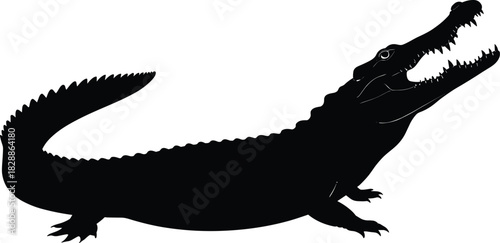 Silhouette of a crocodile in profile view with open mouth and extended tail for wildlife and design themes