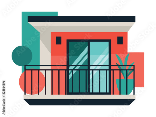 Modern apartment balcony with a sliding glass door, potted plant, and metal railing is depicted in a flat, geometric illustration style with abstract shapes and a bold color palette