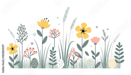 Decorative easter illustration of stylized pastel flowers, painted eggs, and spring foliage arranged in a whimsical horizontal composition with a festive, cheerful mood