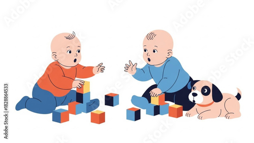 Adorable babies playing happily with colorful blocks and a sweet puppy, creating a joyful scene of childhood fun and friendship on white background