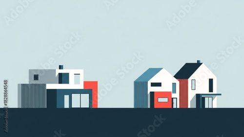 Modern minimalist homes showcase clean lines and bold colors, perfect for real estate marketing and architectural design concepts and appealing neighborhood visuals