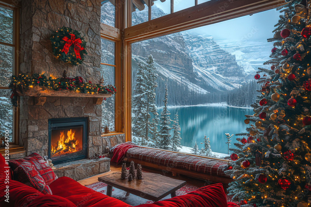 Naklejka premium Cozy Christmas cabin interior with a decorated tree and a view of a snowy mountain lake, digital background, ms teams background