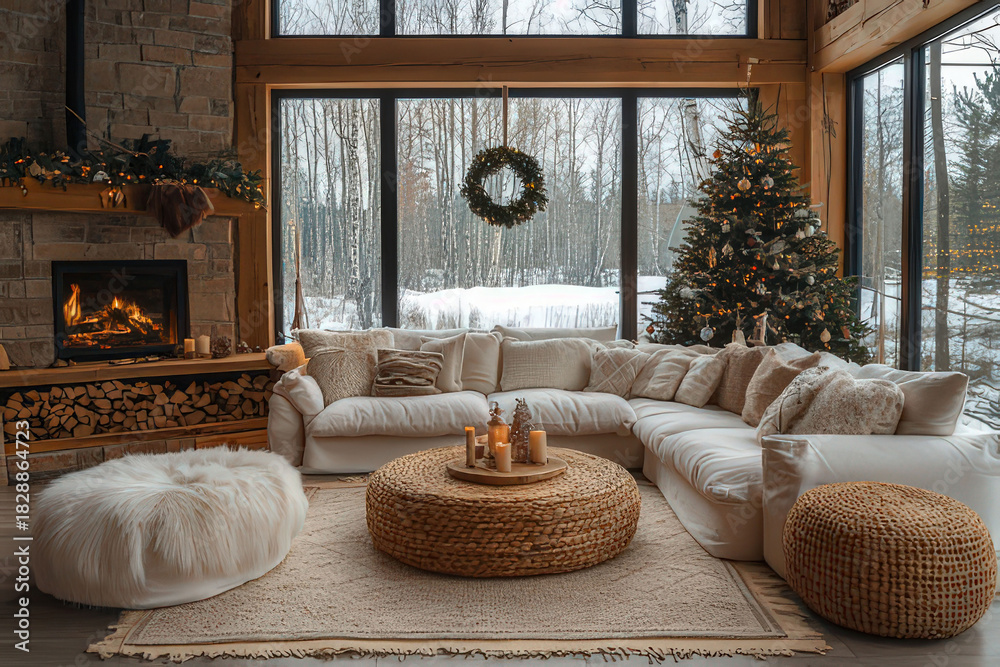 Naklejka premium Cozy living room with a Christmas tree, fireplace, and snowy winter view, digital background, ms teams background