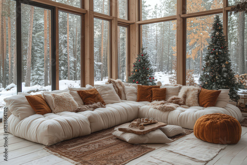 Cozy living room with a view of a snowy forest during the winter season, digital christmas background, ms teams background