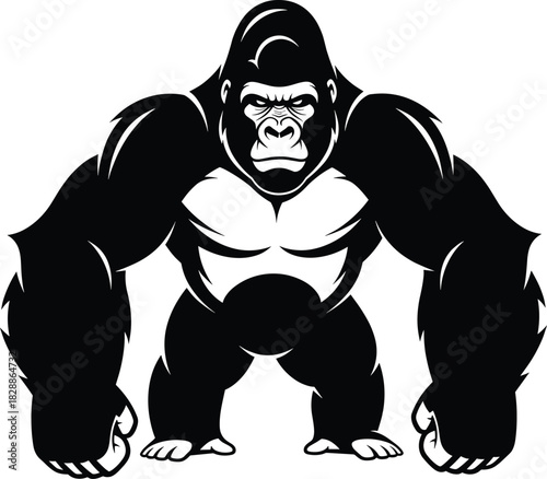 Stylized black and white gorilla illustration with muscular build and clenched fists in dominant stance for mascot design themes