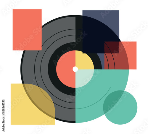 Black vinyl record with a multicolored label is overlaid with abstract geometric shapes in a modern, minimalist graphic design style creating a retro music concept