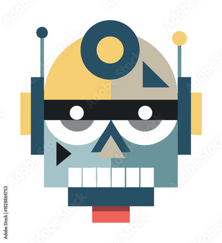 Geometric robot head illustration with a stern expression, crafted from simple shapes like circles and squares in a muted color palette with two antennae on top