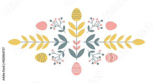 Symmetrical folk art easter decoration with stylized eggs, leaves, and berries in a minimalist scandinavian design style with a soft pastel color palette