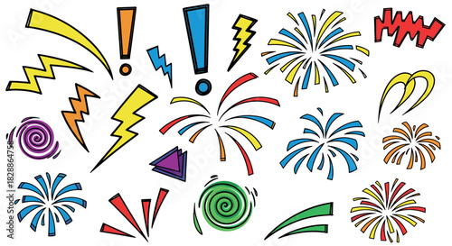 Colorful collection of hand-drawn comic book style elements including fireworks, lightning bolts, and exclamation marks for expressing surprise and celebration