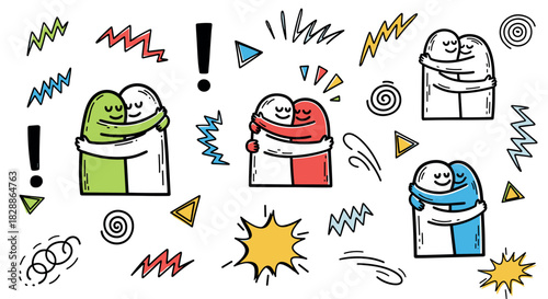 Set of hand-drawn doodle characters hugging each other, a collection of colorful cartoon illustrations expressing love, friendship, support, and positive emotions with abstract graphic elements