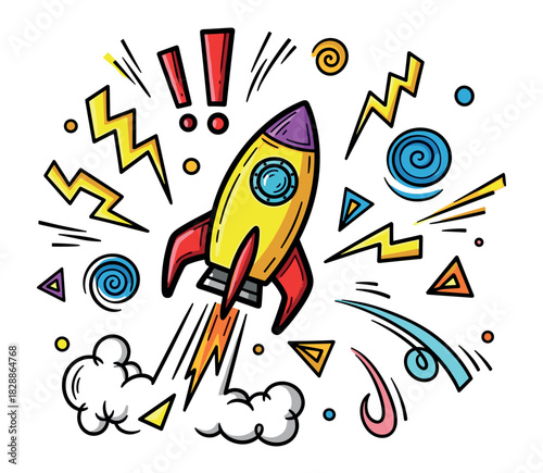 Colorful cartoon rocket ship launching upwards with fire and smoke, surrounded by energetic doodle elements like lightning bolts, exclamation marks, and swirls in a pop art style