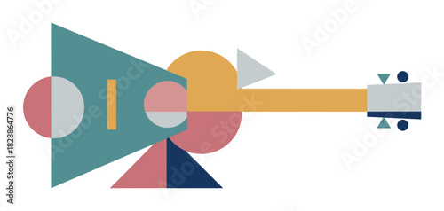 Geometric abstract guitar illustration composed of simple shapes like circles and triangles in a muted color palette, creating a modern minimalist musical instrument graphic