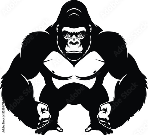 Stylized black and white gorilla illustration with muscular build and clenched fists for strength and mascot design themes