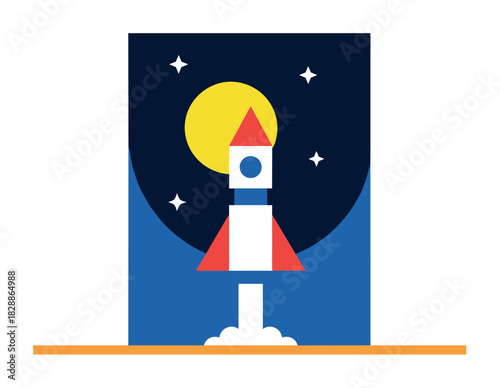 Stylized rocket ship launching into the night sky in a flat design vector illustration with a bright yellow moon and stars, symbolizing a new business startup
