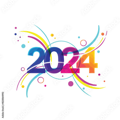 Colorful graphic illustration of 2024 with swirling lines and dots on a white background. Perfect for celebrations, new year resolutions, and party invitations.
