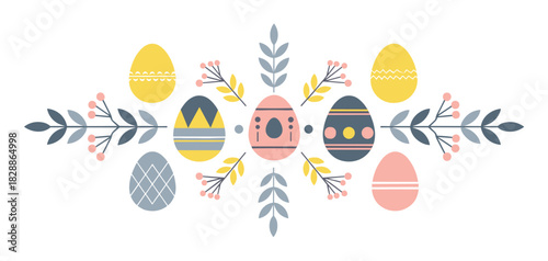 Decorated easter eggs and floral elements in a folk art style composition with pastel colors, featuring geometric patterns on the eggs and stylized branches with leaves and berries