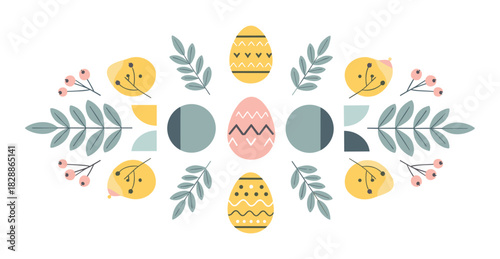 Decorative easter composition with patterned eggs, stylized leaves, and berries arranged symmetrically in a modern flat design style with a gentle, muted pastel color palette