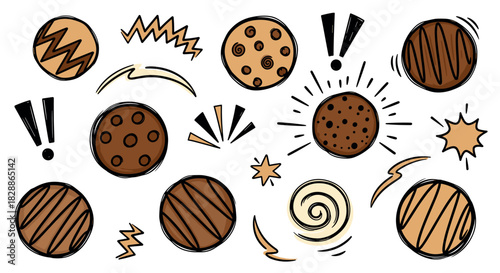 Collection of hand-drawn doodle cookies and graphic elements in a playful cartoon style, this whimsical set features various chocolate chip and iced biscuits with energetic pop art accents
