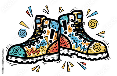 Pair of colorful hand-drawn combat boots with vibrant abstract geometric patterns and bold outlines in a fun, energetic pop art doodle style