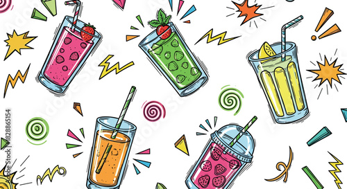Colorful hand-drawn fruit smoothies and juices in a vibrant pop art comic book style, a seamless pattern with energetic doodles, stars, and abstract shapes