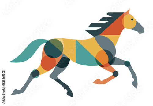 Colorful geometric running horse illustration made of overlapping transparent shapes in a modern, abstract style showing dynamic motion and energy