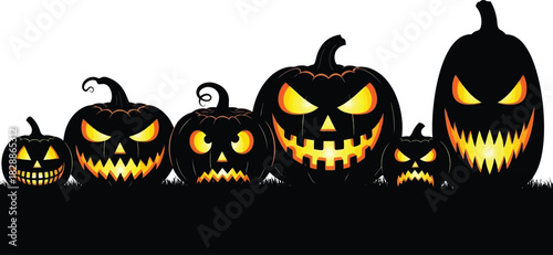 Spooky Halloween Pumpkin Patch A Row of Jack-o'-Lanterns Shining with Festive Fright and Glowing Expressions