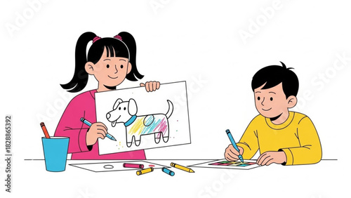 Creative kids drawing with crayons for school projects, expressing imagination and artistic skills in a fun and engaging way, childhood moments