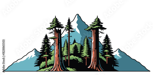 Majestic Redwood Forest and Snowy Mountains Landscape