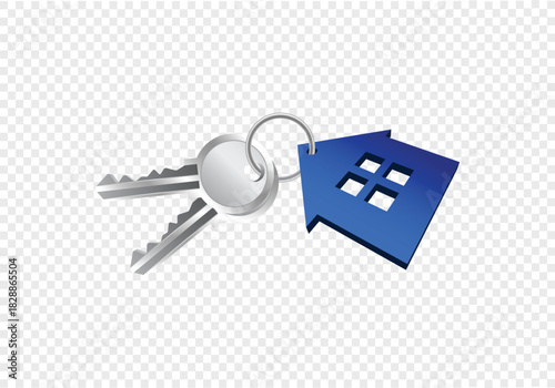 Real Estate House and keys Icon on white background 3d rendering, Metal Security Key 
Isolated on a transparent background