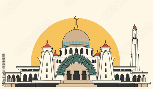 A Malaysian Mosque Silhouette with Golden Sun Background