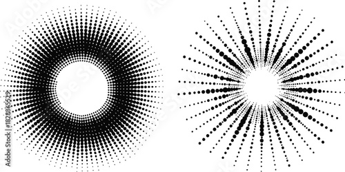 Collection of two abstract radial halftone dot patterns with sunburst and starburst effects. Vector geometric design elements for backgrounds and icons 10